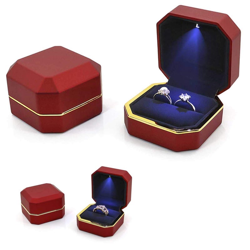 AVESON Luxury Ring Box, Square Velvet Wedding Ring Case Jewelry Gift Box with LED Light for Proposal Engagement Wedding, Red - Image 4